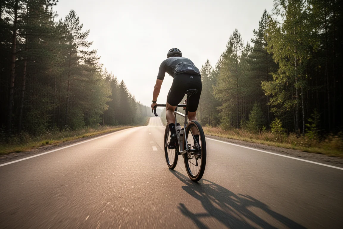 Fahrer auf einem Gravelbike bei der Auffahrt auf einer offenen Asphaltstraße