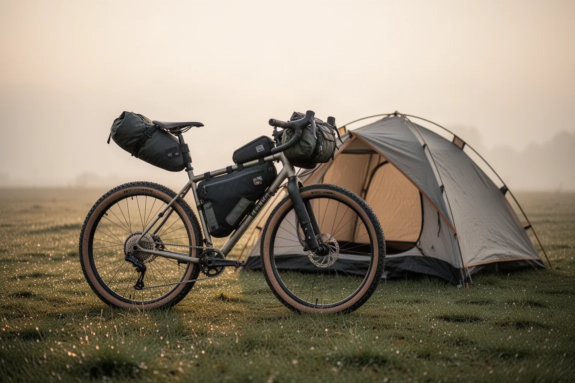 Bepacktes Gravelbike und Zelt auf einem Campingplatz zur goldenen Stunde
