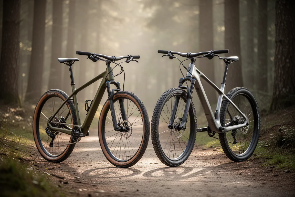 Bici gravel Salsa Warbird e mountain bike Scott Spark fianco a fianco all'ingresso di un sentiero nel bosco