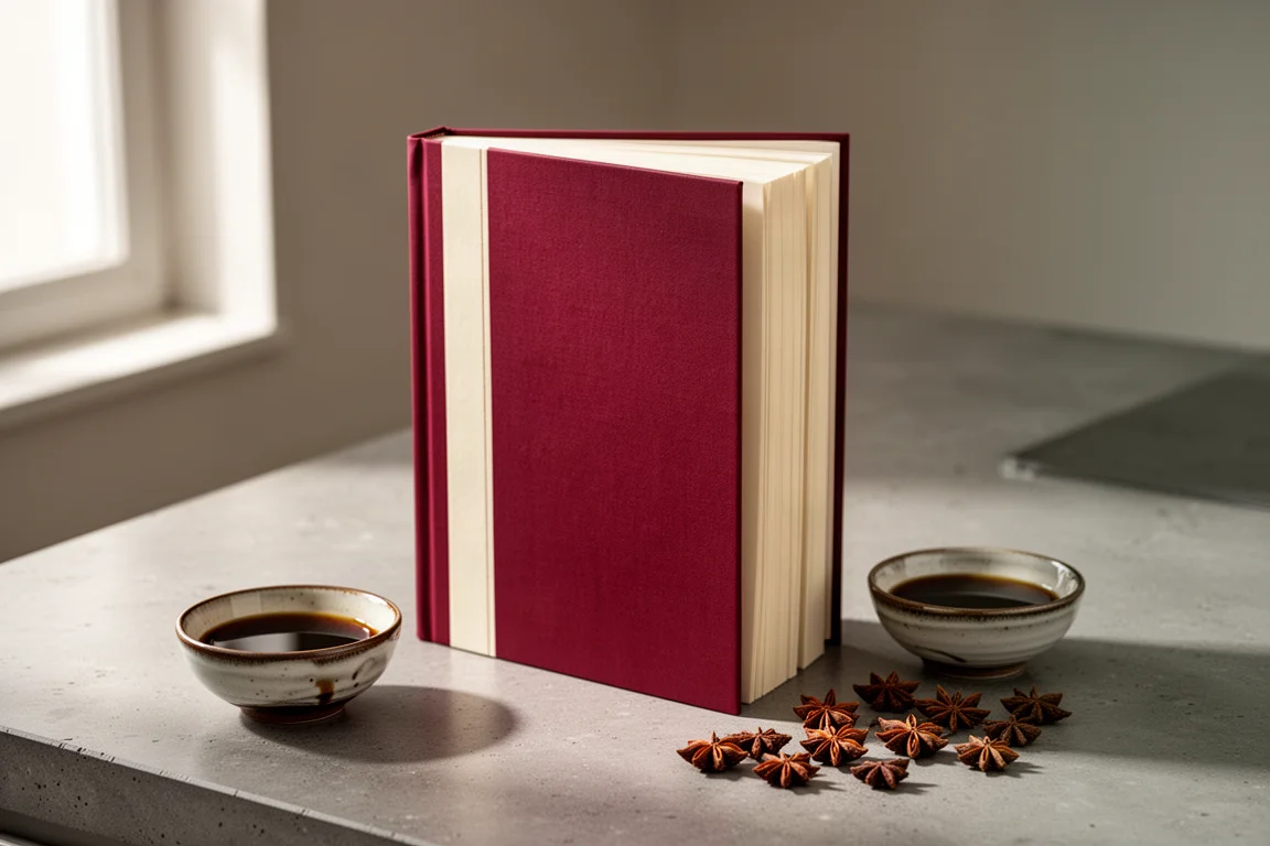 Hardcover cookbook standing on a concrete counter beside a bowl of soy sauce and star anise