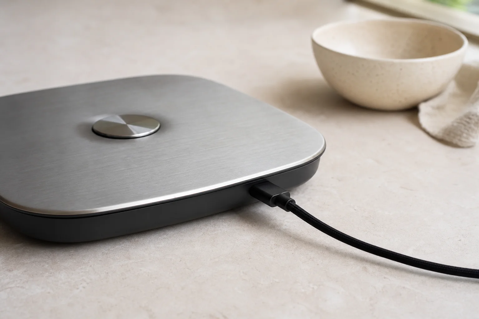 조리대 위에서 주방 저울에 연결된 USB-C 충전 케이블