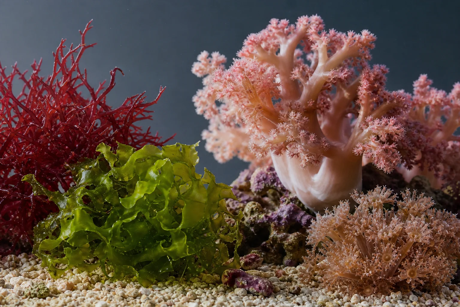 生長在水族箱基質上的大型藻類與軟珊瑚樣本