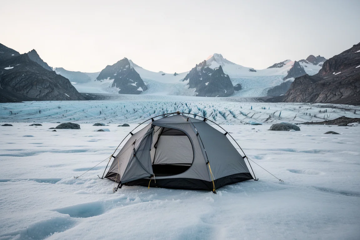 黃昏時分紮在冰河上的小型圓頂帳,後方是積雪與群山