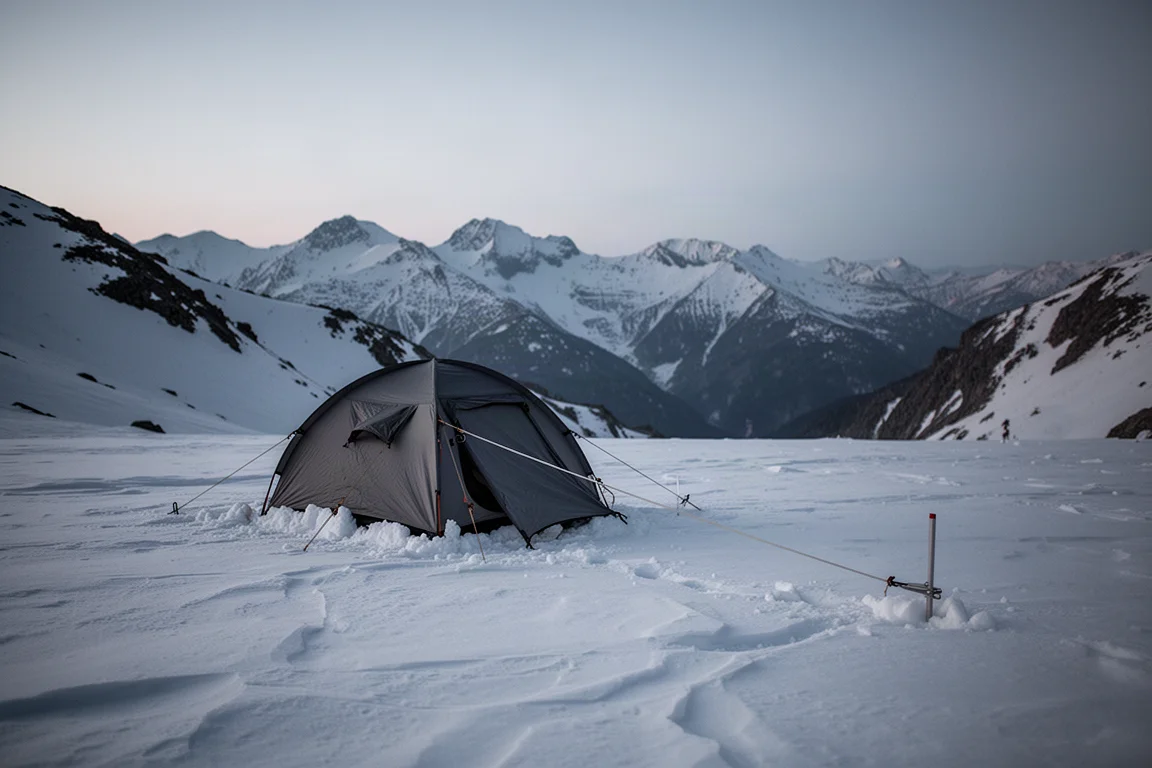 黎明時分攤放在雪地上的高山攀登裝備,旁邊是一頂小型圓頂帳