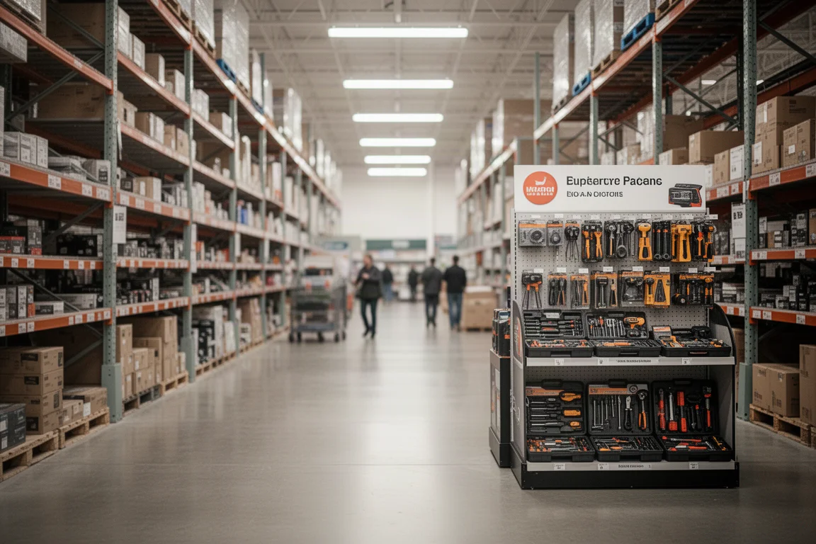 Werkzeugabteilung eines Warehouse-Clubs mit Angebotsendkappen und voll gepackten Regalen