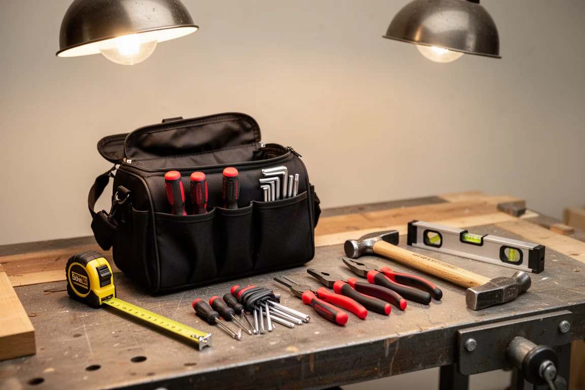 Geöffnete Werkzeugtasche mit Handwerkzeugen, ausgelegt auf einer Werkbank