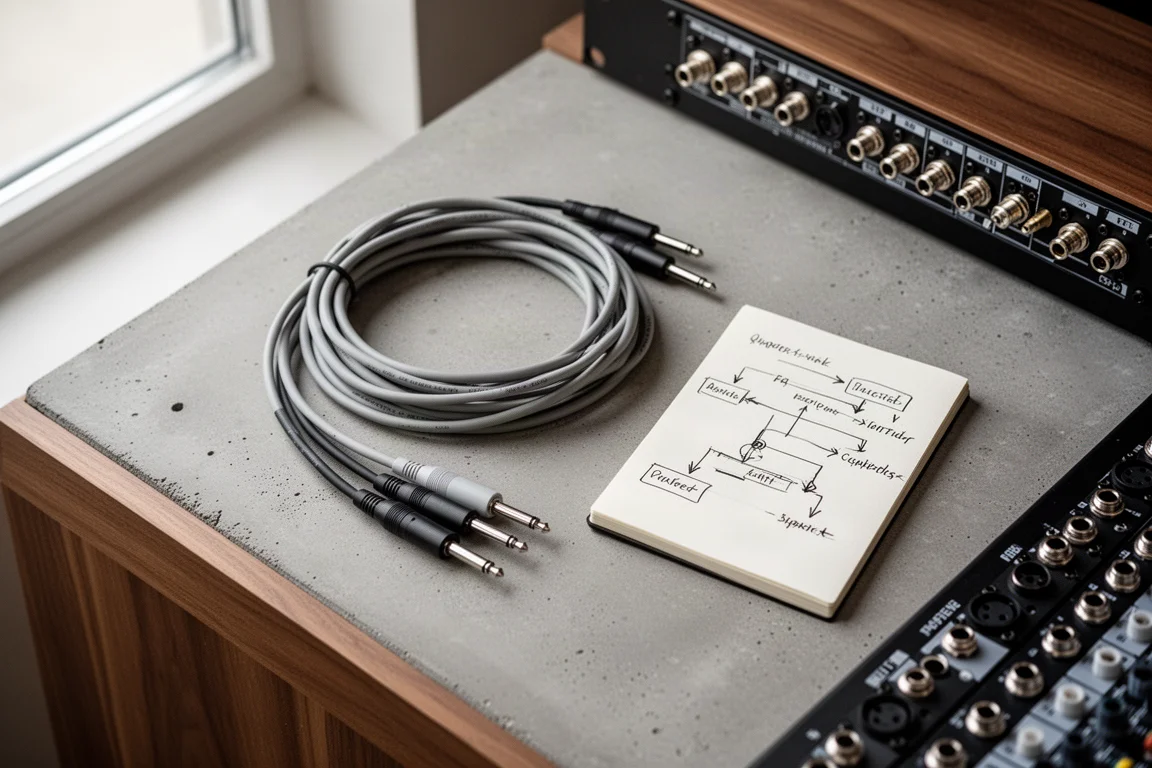 Studioöversikt med quarter-inch patchkablar och en rackmonterad patchbay