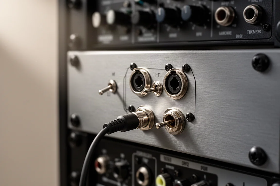Närbild av en patchbays frontpanel med en patchkabel ansluten i ett nedre jack