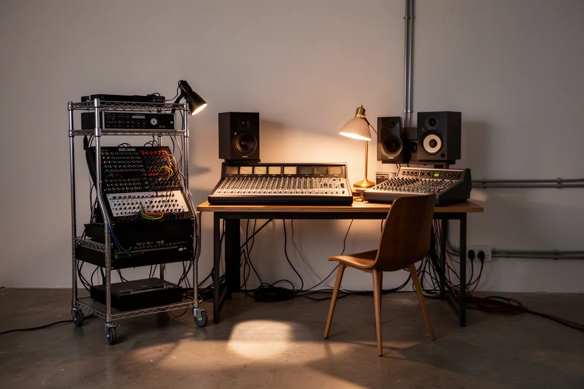 Kompakt hemstudio i skymningen med rack, mixerbord, monitorer och varm lampljus