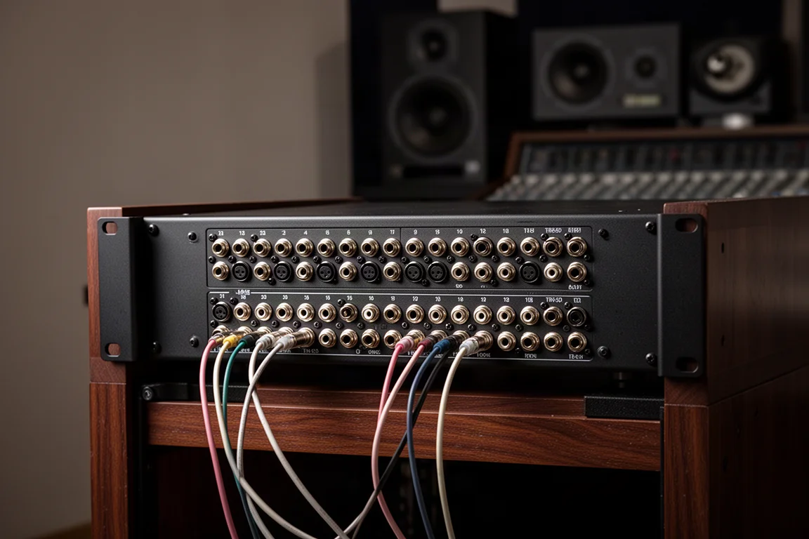48-point quarter-inch TRS patch bay mounted in a studio rack with short patch cables