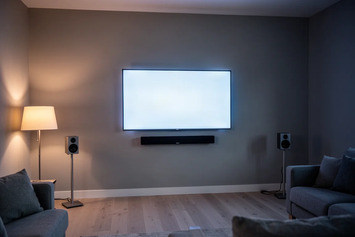 Moderne woonkamer bij schemer met een wandgemonteerde tv, soundbar en twee draadloze achterluidsprekers