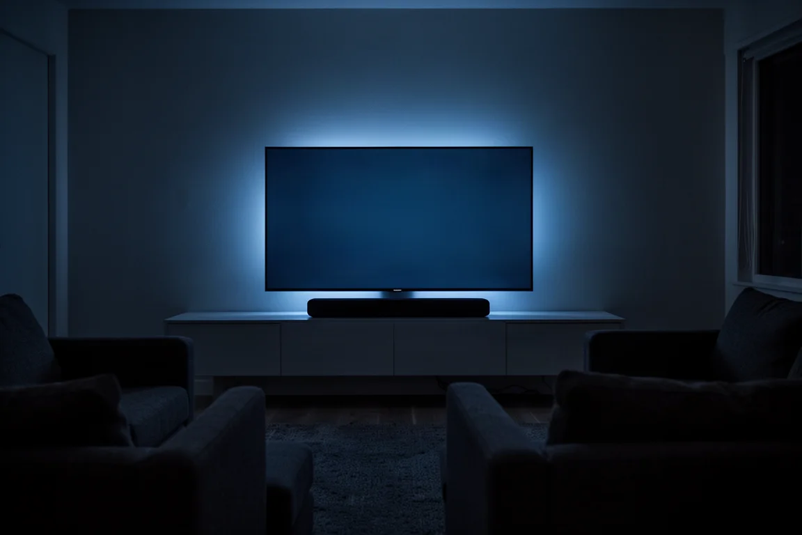 Verduisterde woonkamer 's nachts verlicht door tv-gloed met een soundbar in silhouet eronder