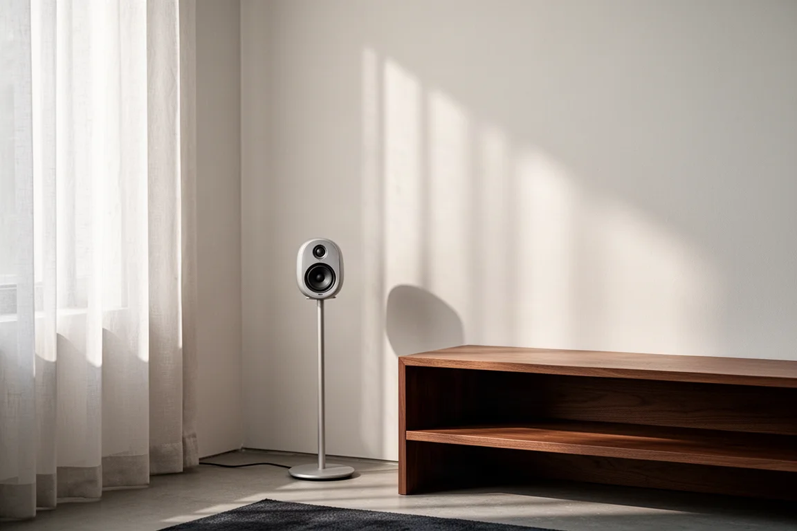 Stille hoek van woonkamer met een kleine surround-luidspreker op een slank statief naast een houten plank