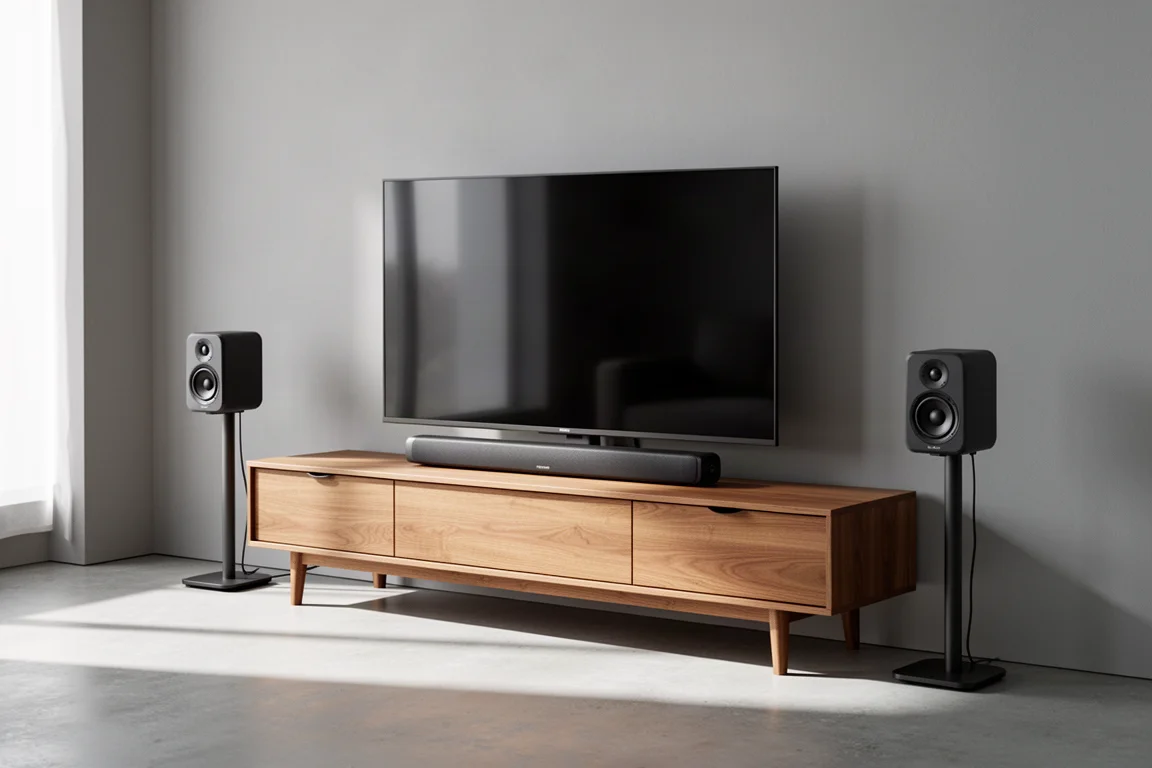 Flat-screen TV with soundbar beneath it and two rear speakers in a modern living room