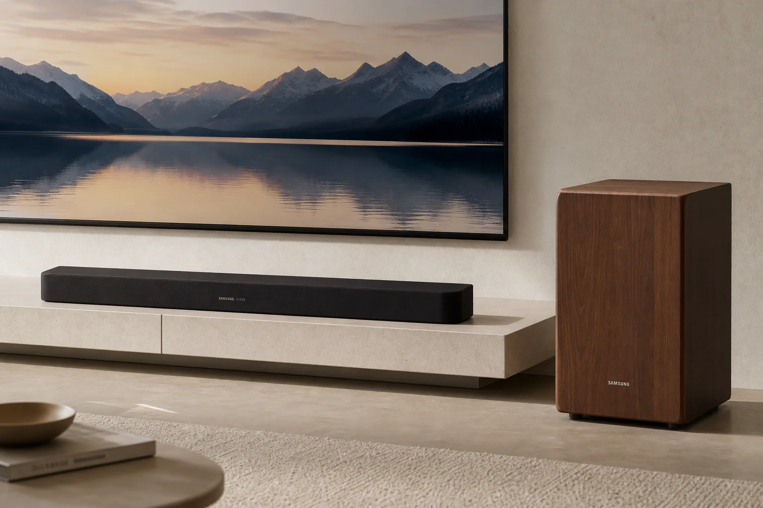 Configuración de entretenimiento en casa con barra de sonido y subwoofer conectados al televisor
