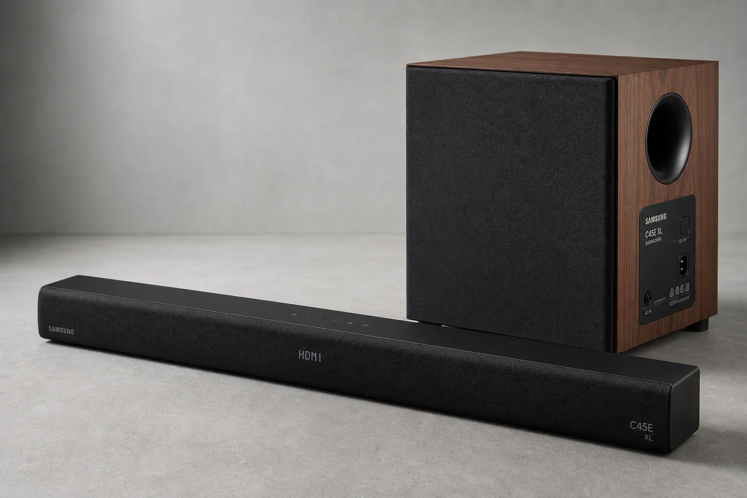 Samsung C45E XL Soundbar 與木質重低音喇叭放置於中性色調表面