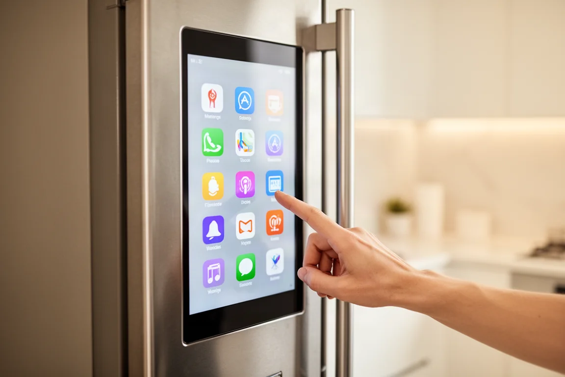 Touchscreen-Panel an einer Kühlschranktür mit App-Symbolen in einer modernen Küche