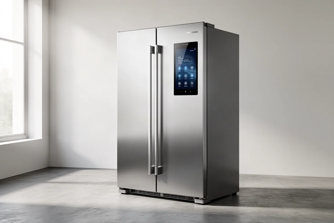 Samsung Family Hub SpaceMax smart fridge freezer with built-in touchscreen in a minimalist kitchen