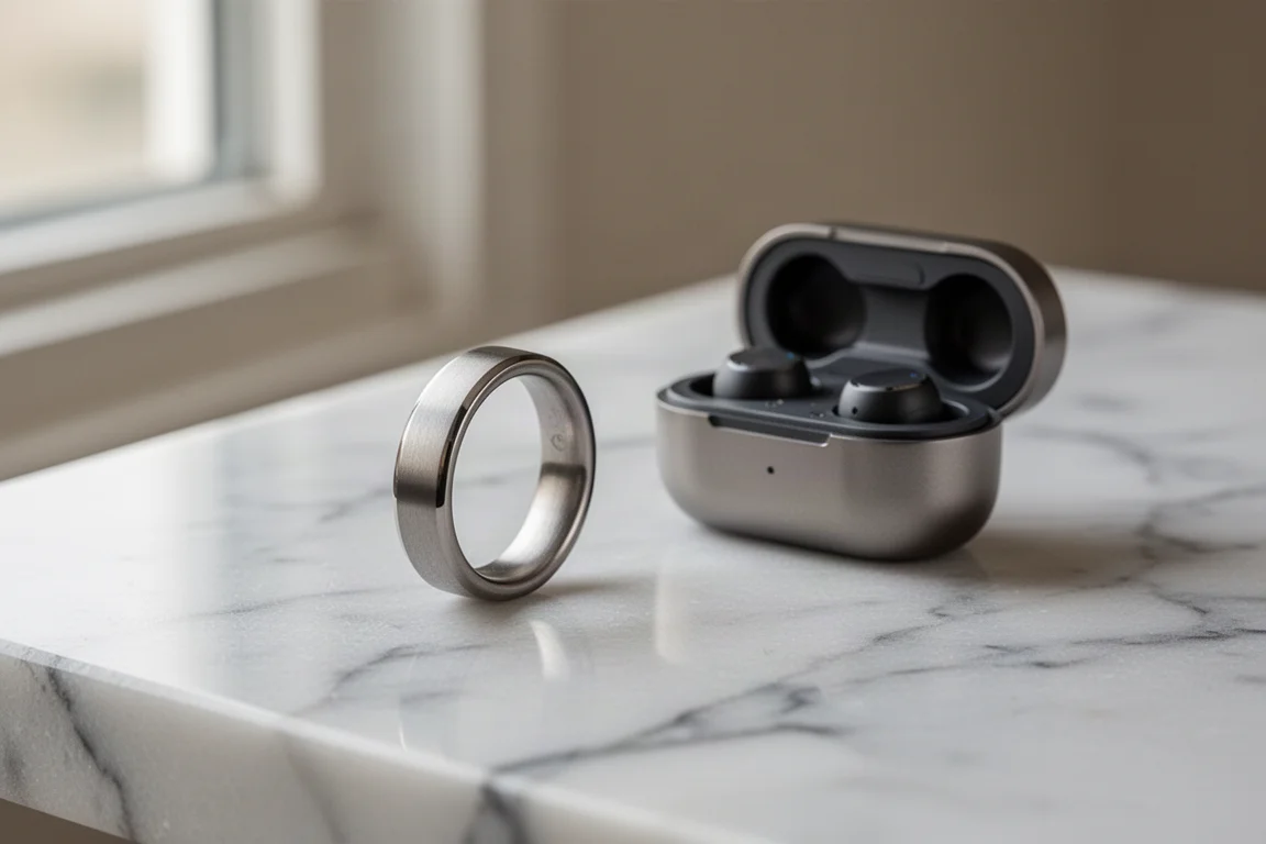 Smukły tytanowy smart ring spoczywający na neutralnej powierzchni