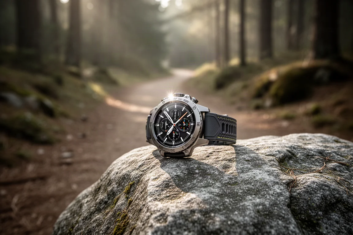 Wytrzymały tytanowy smartwatch z jasnym wyświetlaczem na skalistym tle plenerowym