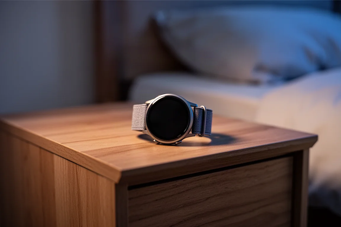 Okrągły smartwatch na szafce nocnej w miękkim, przygaszonym świetle