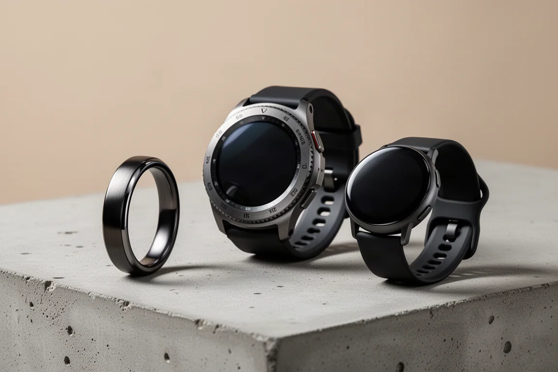 Samsung Galaxy Ring, Galaxy Watch Ultra i Galaxy Watch 7 ułożone na betonowej powierzchni