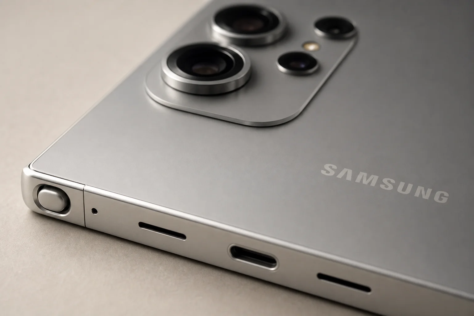 Smartphone camera system detail showing camera plateau with lens rings and curved S Pen slot