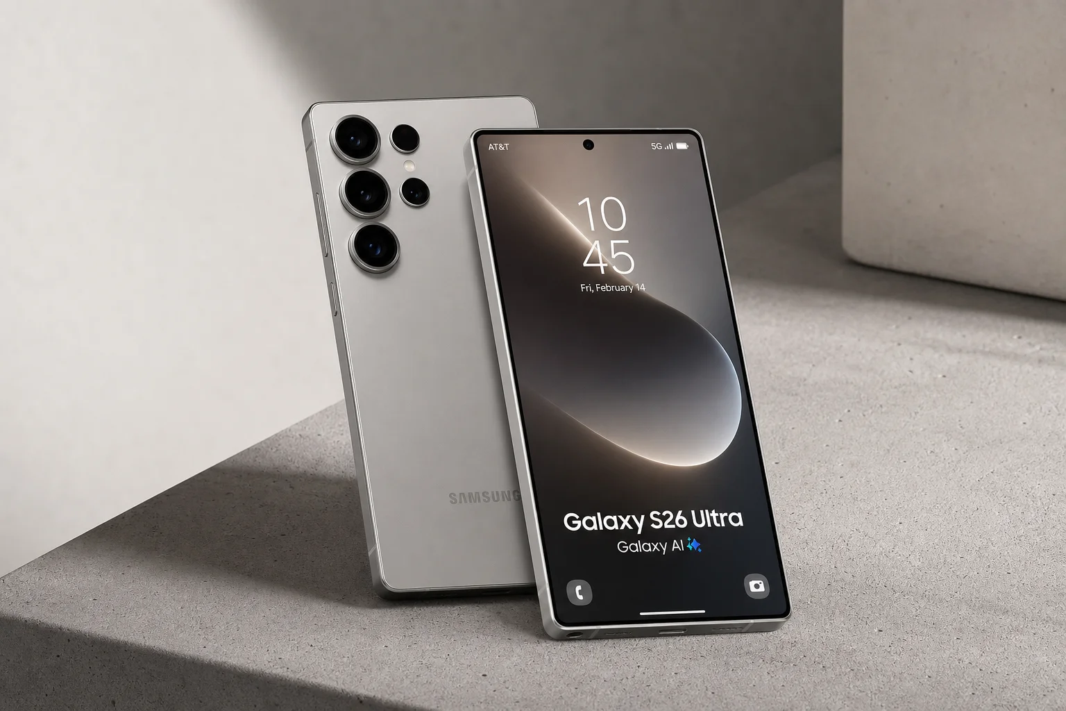 Samsung Galaxy S26 Ultra smartphone on matte concrete surface showing display and camera system