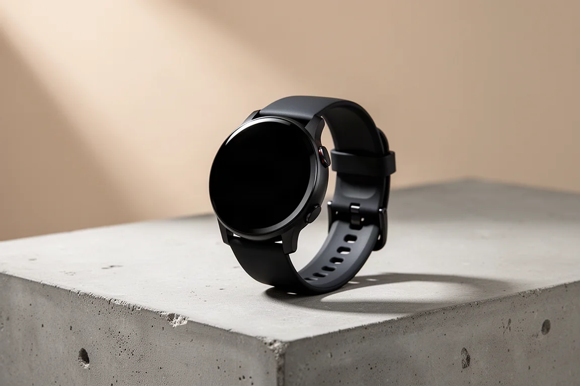 Black round-faced smartwatch with sport band on a matte concrete surface