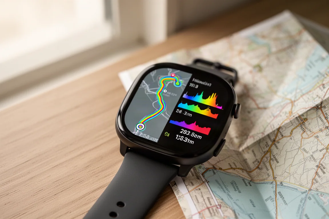 Ekran mapy w smartwatchu pokazujący trasę z nawigacją zakręt po zakręcie
