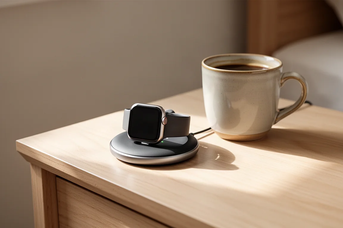 Smartwatch na ładowarce obok filiżanki kawy na szafce nocnej