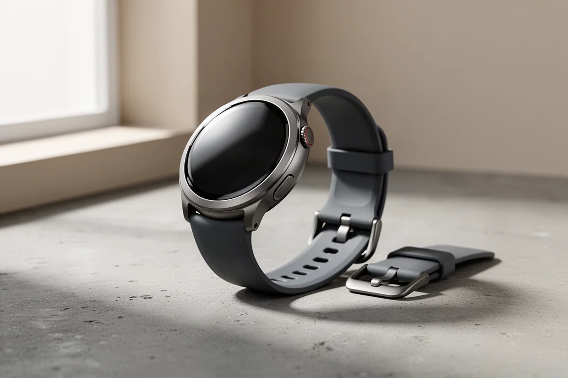Samsung Galaxy Watch 5 Pro with titanium case and dark sport strap on concrete surface