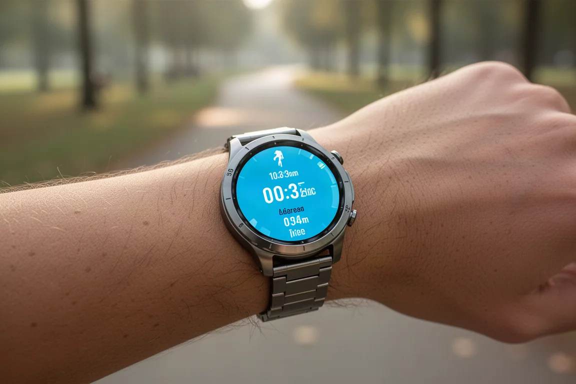 Premium titanium smartwatch om de pols van een hardlooper in zacht ochtendlicht