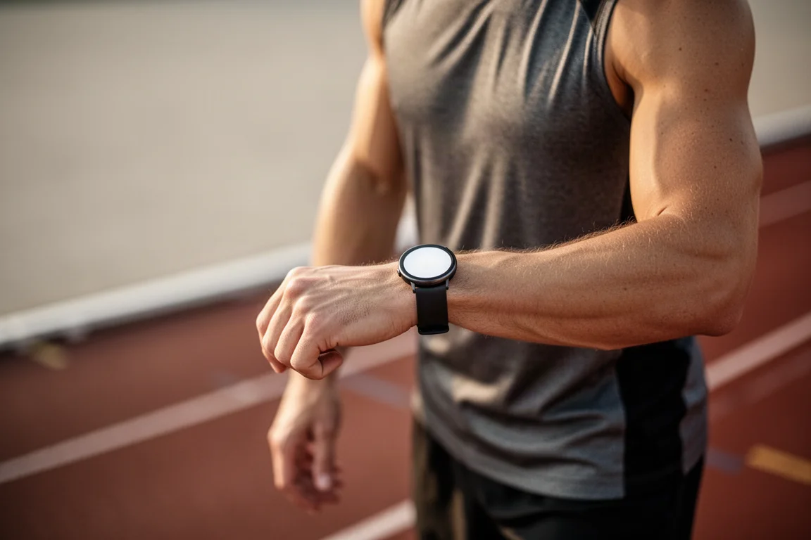 Hardloper controleert trainingsgegevens op een smartwatch tijdens een trainingssessie