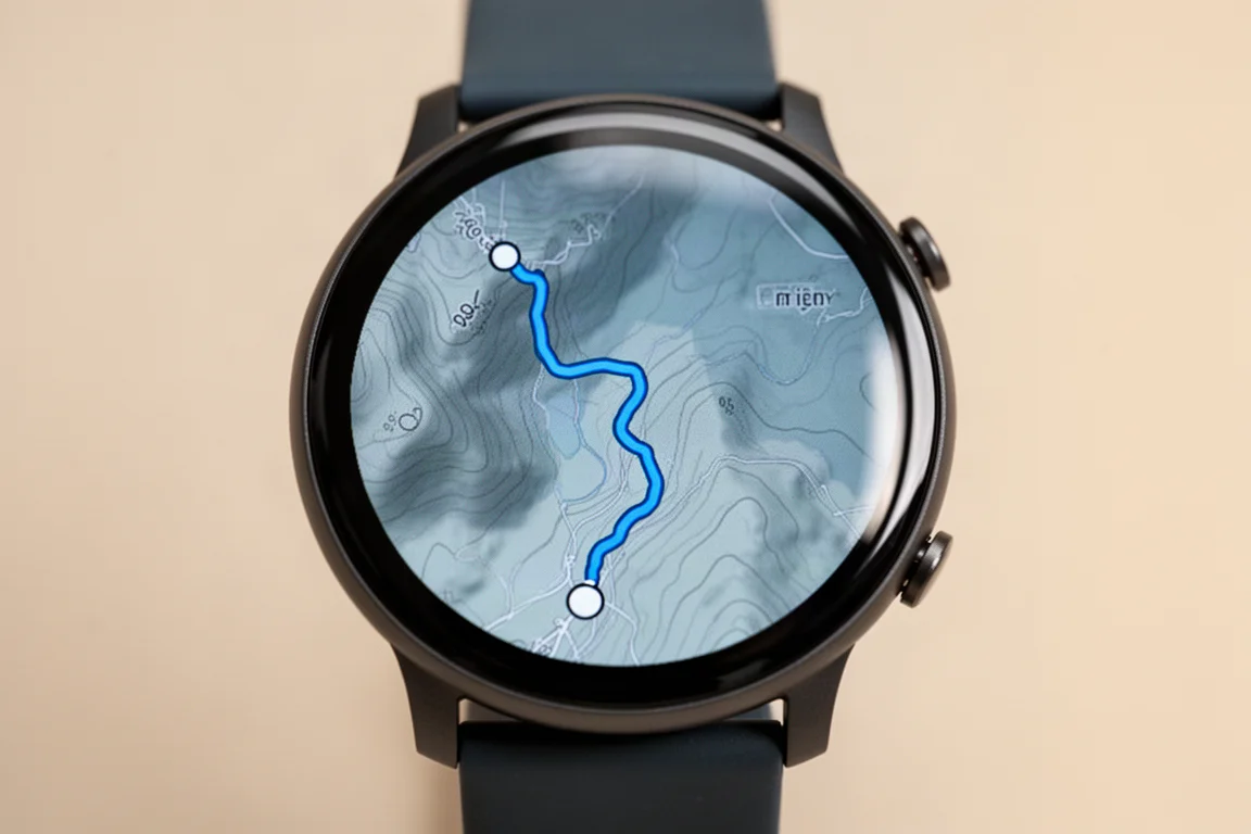 Smartwatch-scherm toont een routekaart met navigatiedetails