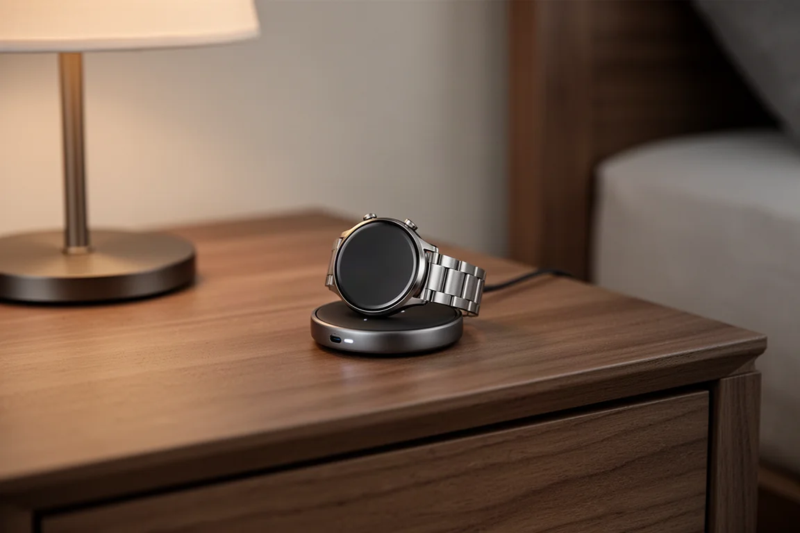Smartwatch ligt 's nachts op een oplaadschijf op een nachtkastje