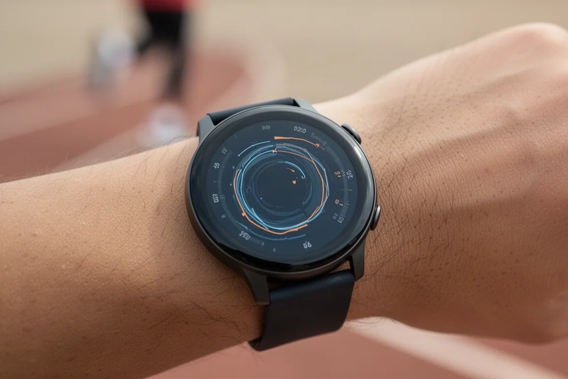 Nahaufnahme eines Smartwatch-Displays mit Laufmetriken während eines Laufs