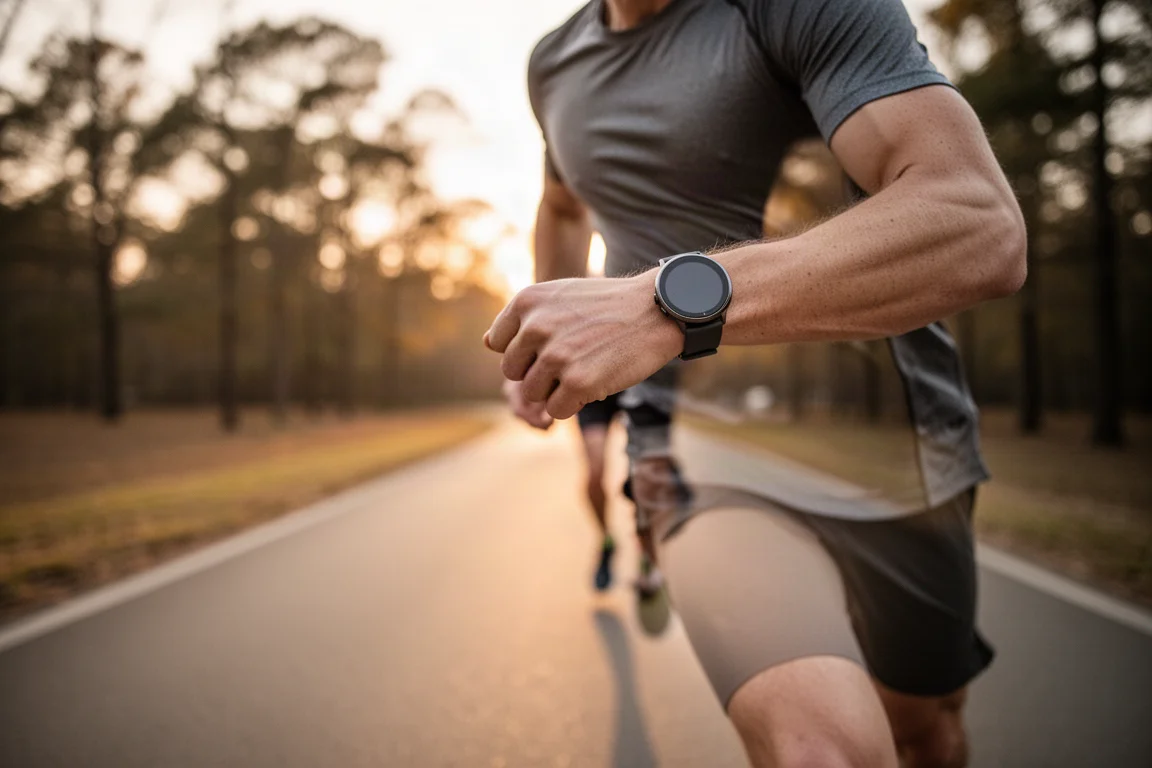 Läufer prüft am Handgelenk im Freien die Temposchwellendaten auf der Smartwatch