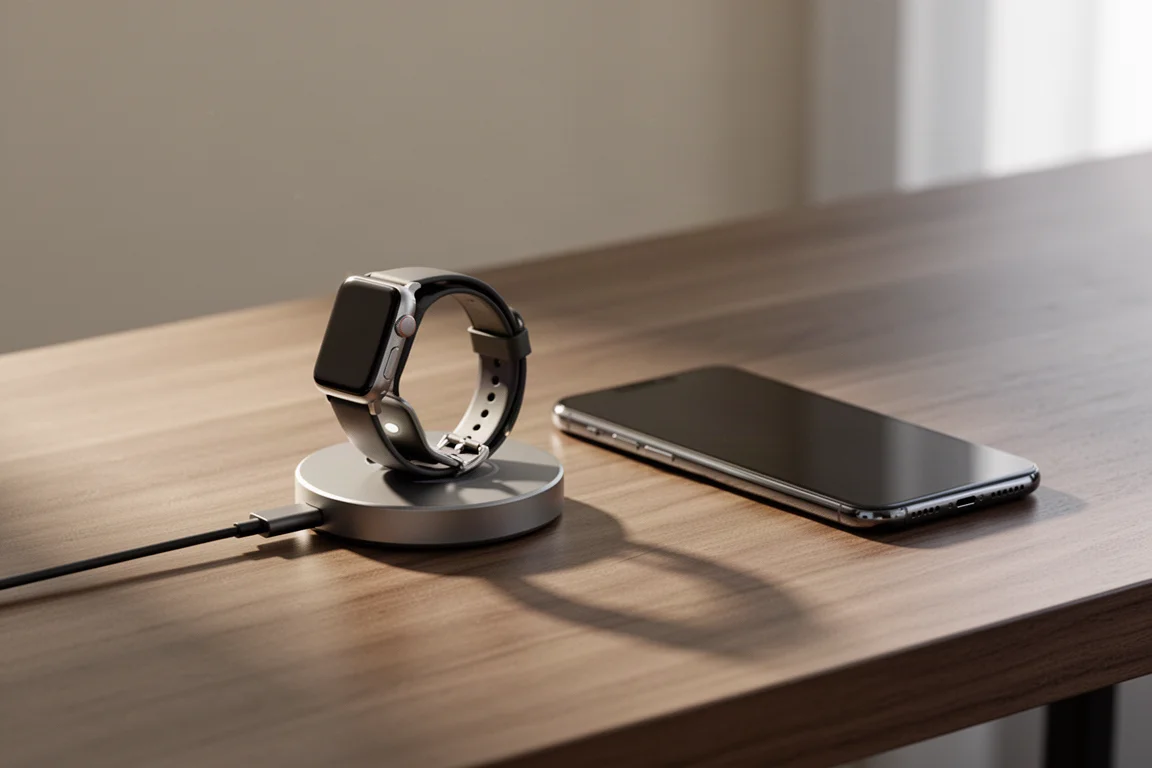 Smartwatch lädt an einem USB-C-Kabel neben einem Smartphone