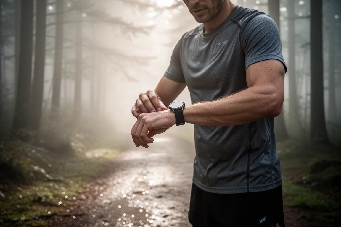 Läufer hält auf einem Trail an und konsultiert die Smartwatch zur Navigation