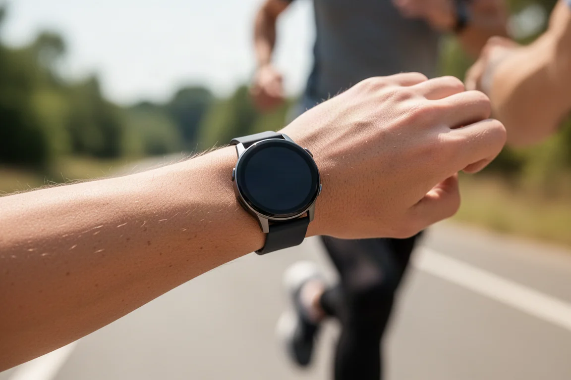 Smartwatch worn on a wrist during a bright outdoor run