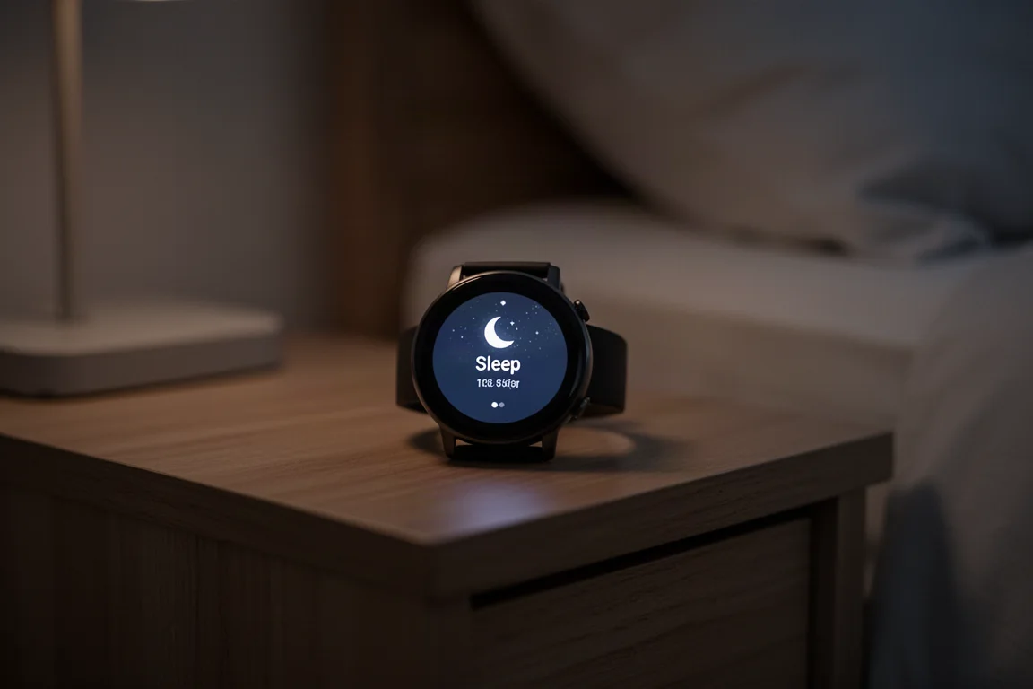 Sleep tracking interface shown softly glowing at night