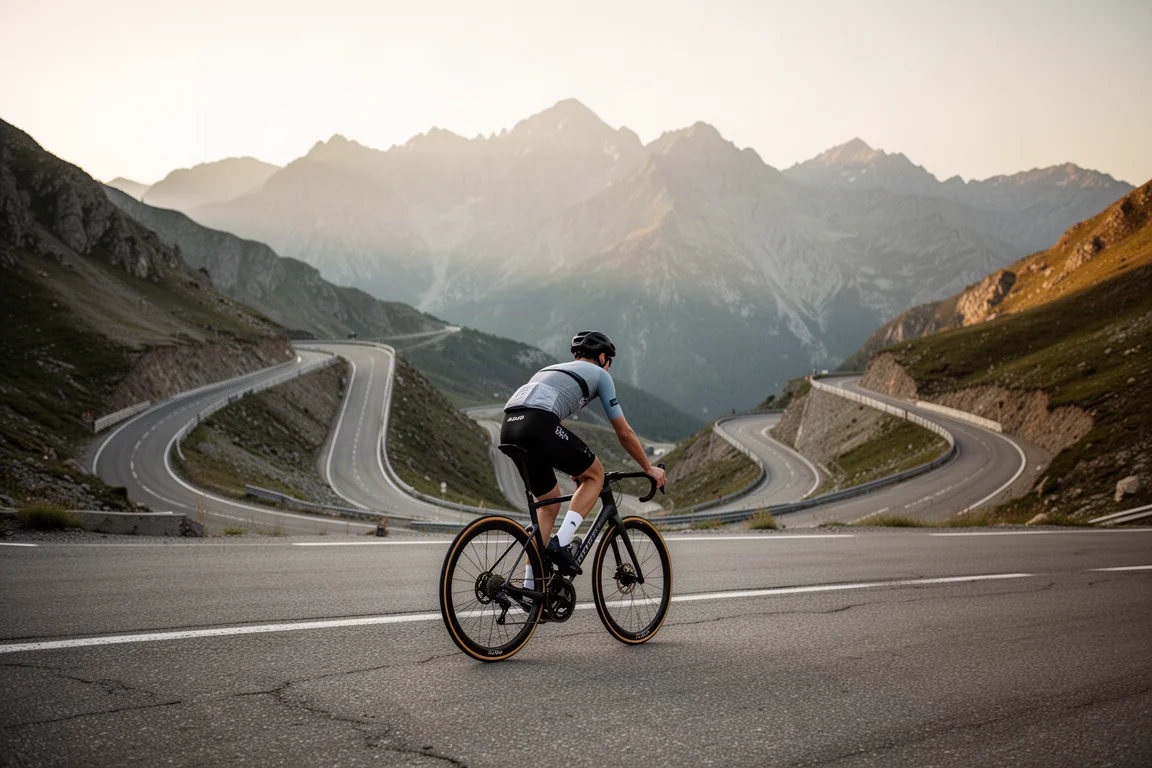 Cyclist climbing a winding mountain road with switchbacks