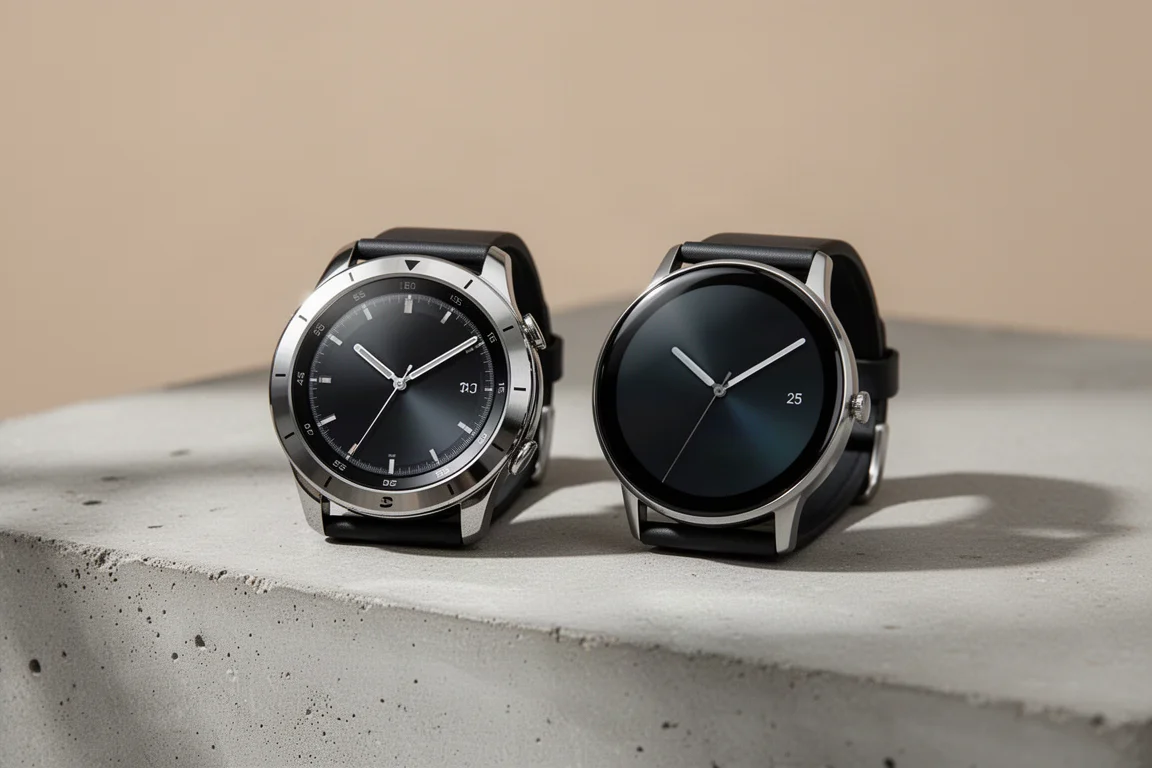 Due smartwatch rotondi fianco a fianco su una superficie di cemento opaco
