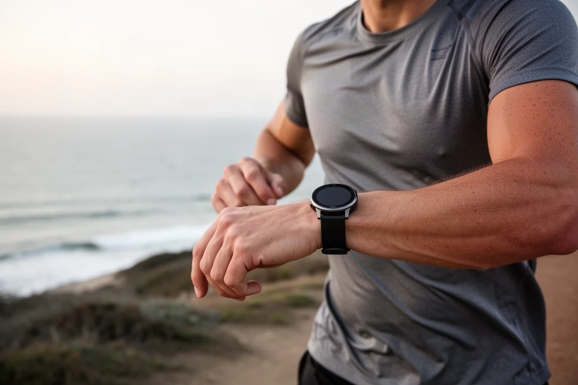 Coureur sur un sentier côtier consultant une montre sport pendant une séance de fractionné