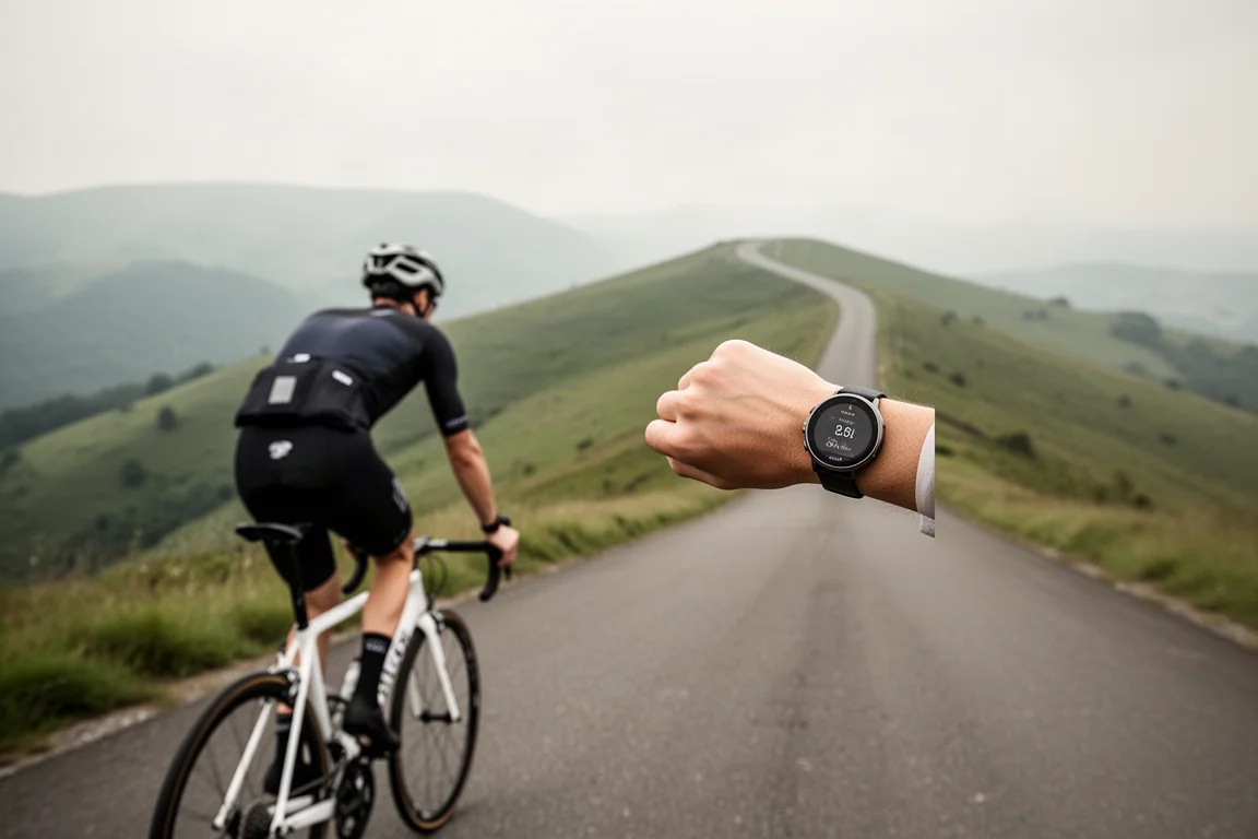 Cycliste lors d'une longue montée soutenue avec une montre connectée visible au poignet