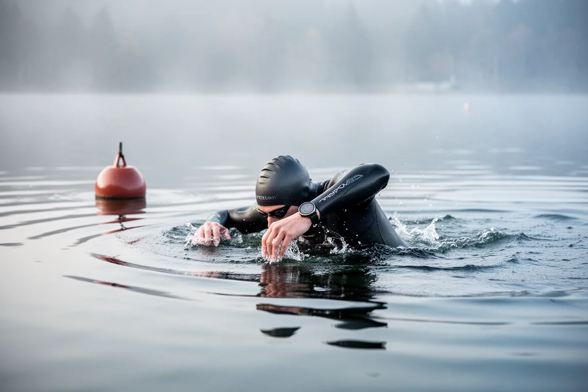 Nageur en eau libre dans un lac calme portant une montre sport