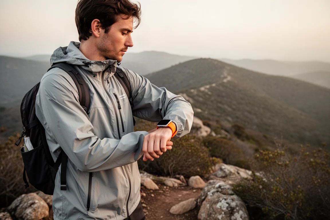 Escursionista su un sentiero di cresta roccioso che guarda uno smartwatch con cinturino arancione nella luce del tardo pomeriggio