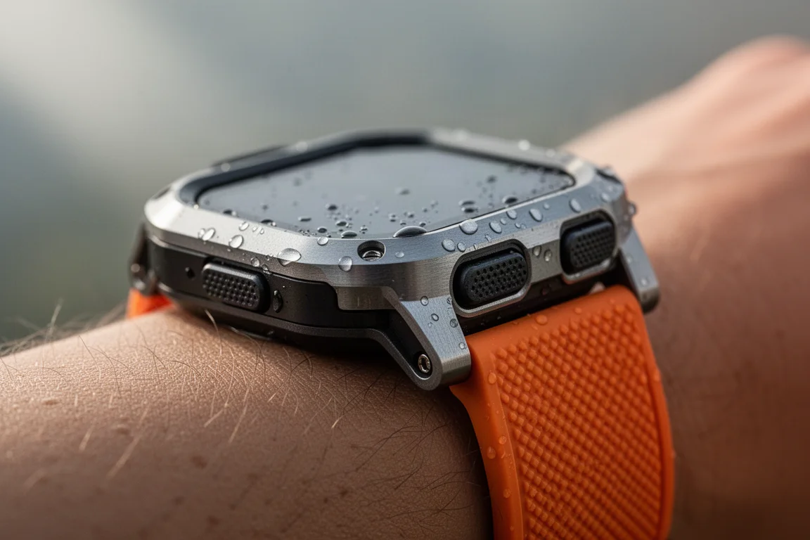 Dettaglio macro di una cassa di smartwatch robusta con pulsanti laterali e cinturino arancione testurizzato al polso