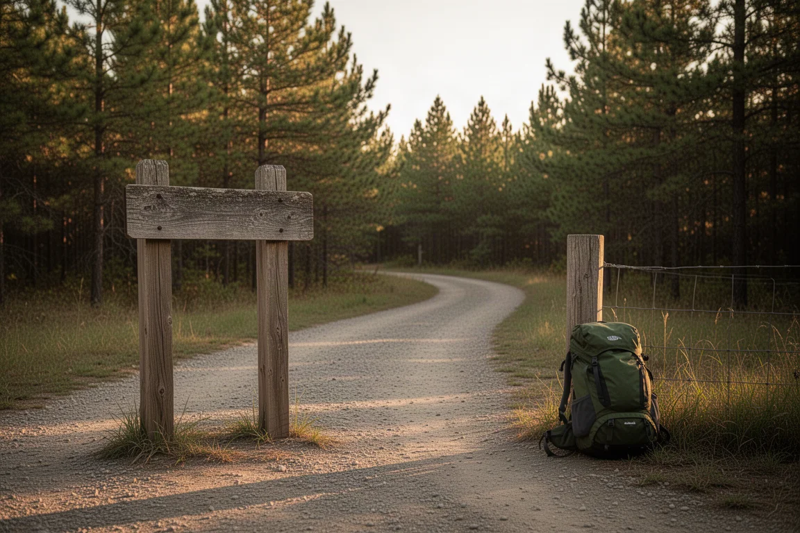 Punto di partenza del sentiero all'ora dorata con sentiero di ghiaia che curva nel bosco di pini e zaino appoggiato a un palo